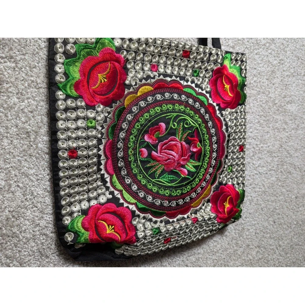 VTG Boho Embroidered Tote Bag with Rose Flower‎ and Leaves Design